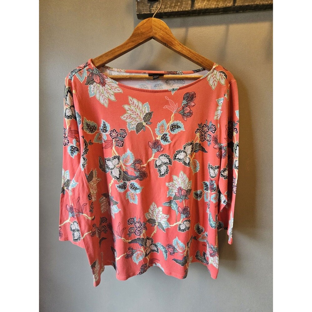 J. Jill XL Top, Coral & Teal Floral Motif, 3/4 Sleeves, Boatneck, VGC